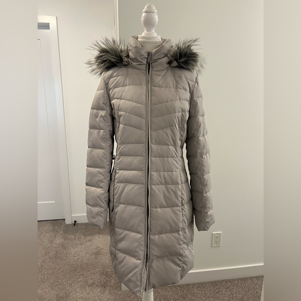 London Fog Women's Grey Puffer Jacket with Faux Fur Hood